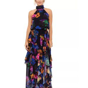 Betsy & Adam:  Floral Ruffled Side-Slit Maxi Dress